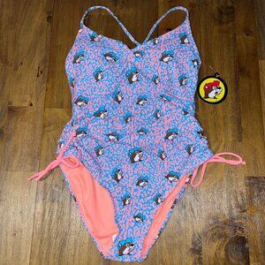 Buc-ee’s pink blue leopard print one piece swimsuit new with tags